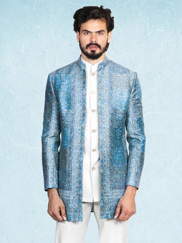 Silk white and blue indowestern