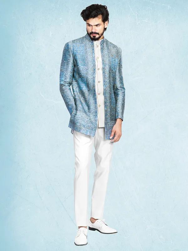 Silk white and blue indowestern