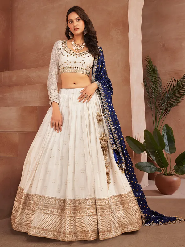 Silk white lehenga choli with contrast dupatta
