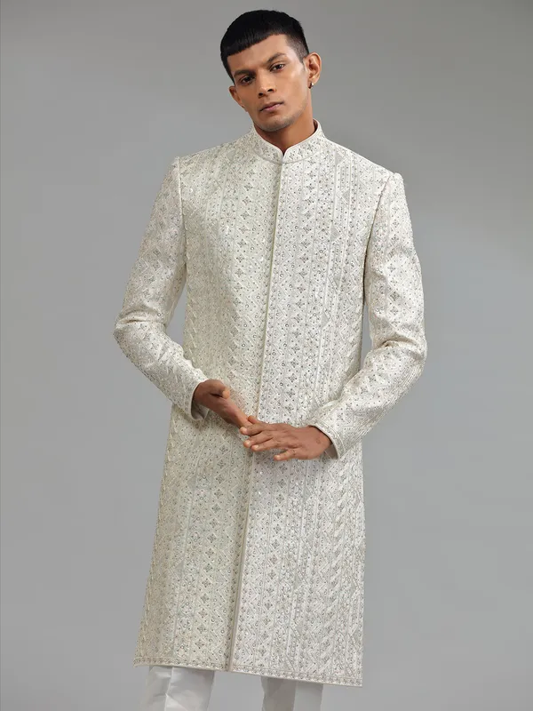 Silk white sherwani for groom