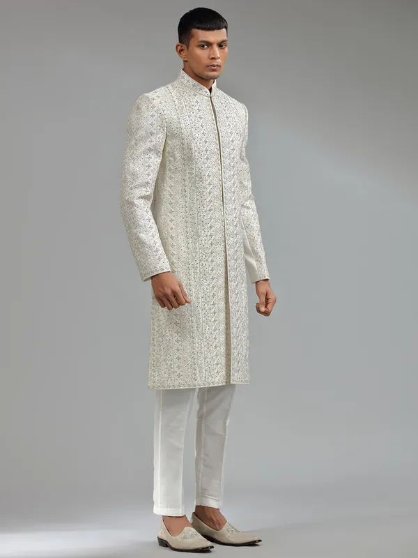 Silk white sherwani for groom