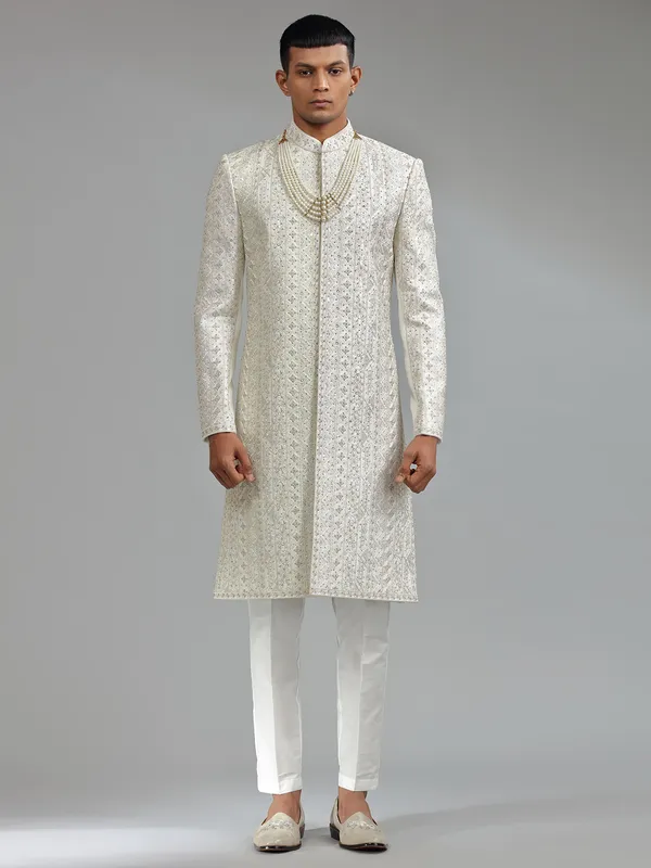 Silk white sherwani for groom