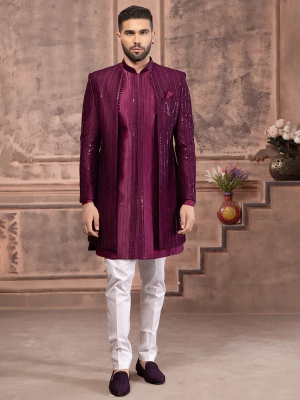 Wine indowestern with embroidery in silk