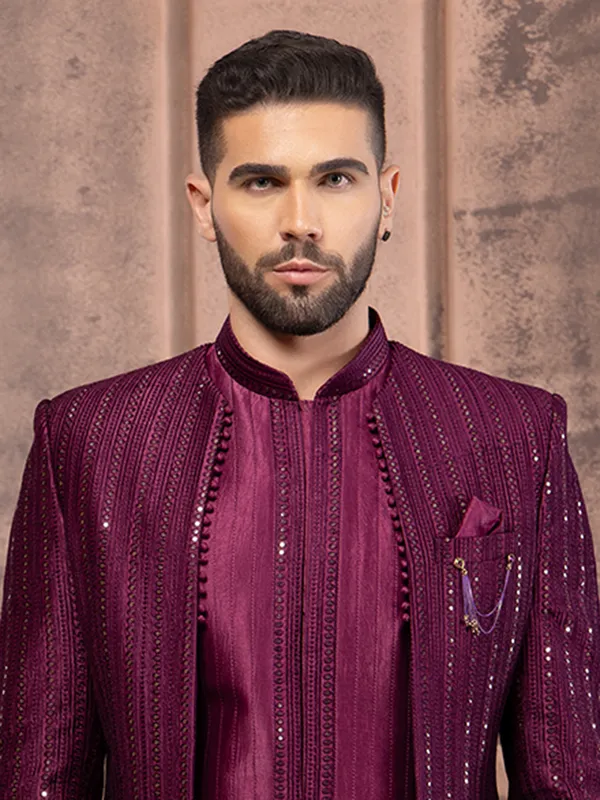 Wine indowestern with embroidery in silk