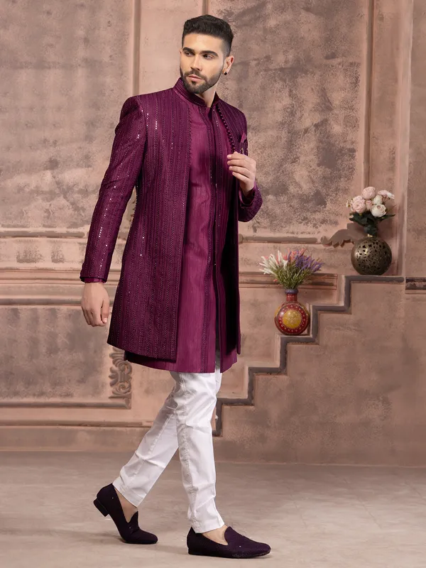 Wine indowestern with embroidery in silk