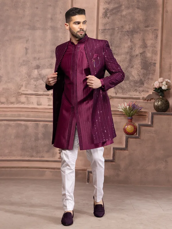 Wine indowestern with embroidery in silk