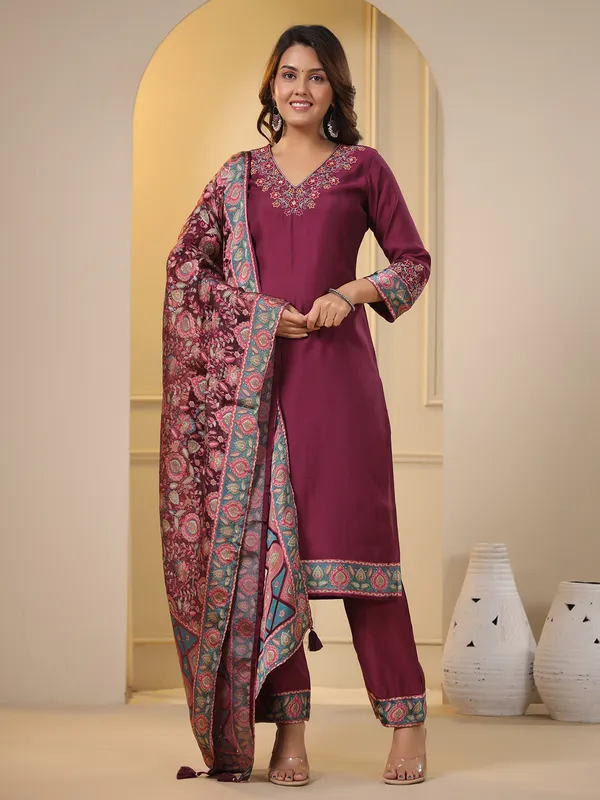 Silk wine kurti set with printed dupatta