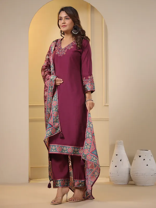 Silk wine kurti set with printed dupatta