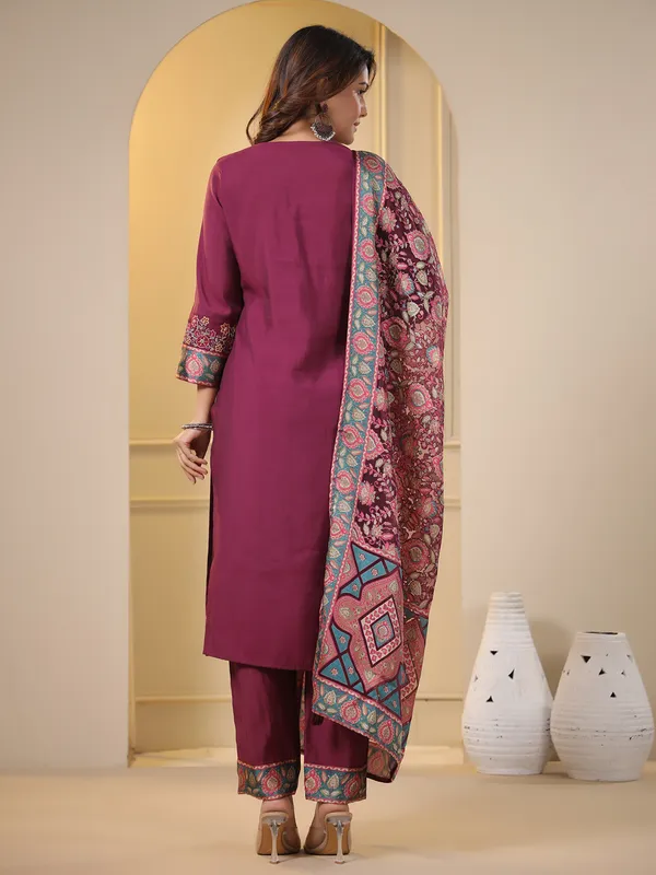 Silk wine kurti set with printed dupatta