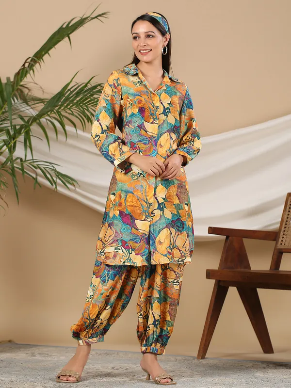 Silk yellow printed casual co ord set