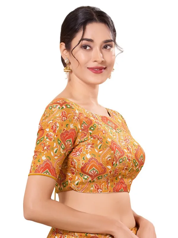 Silk yellow ready made blouse with boat neck