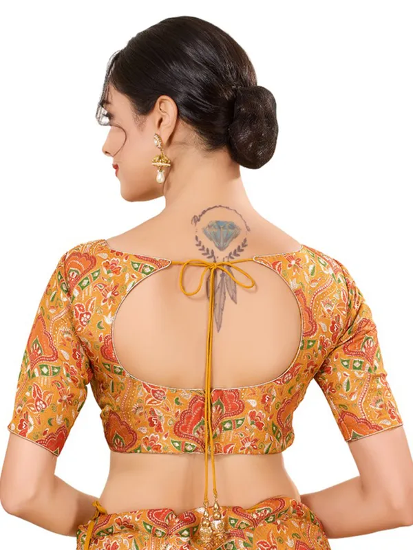 Silk yellow ready made blouse with boat neck
