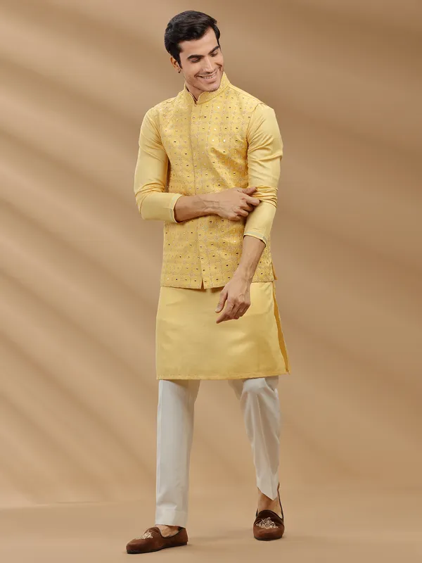 Silk yellow waistcoat set for wedding and haldi