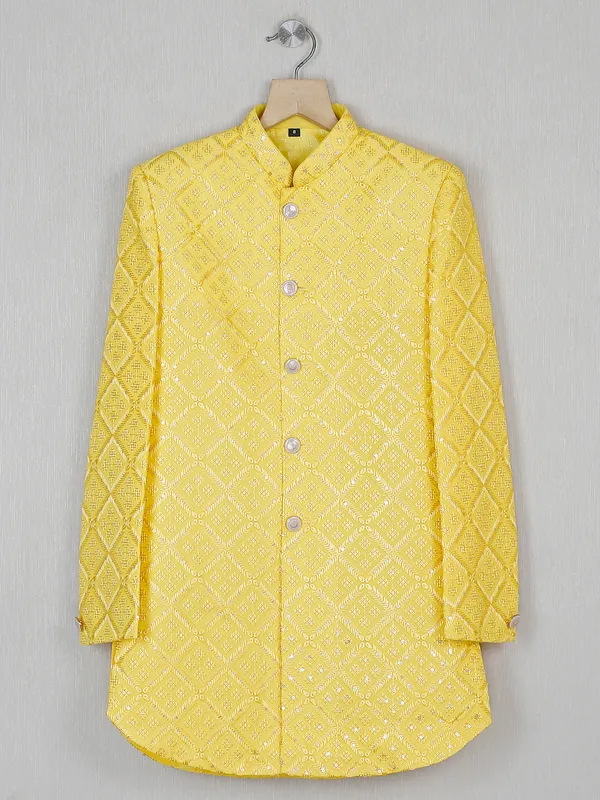 Georgette yellow wedding wear boys indowestern