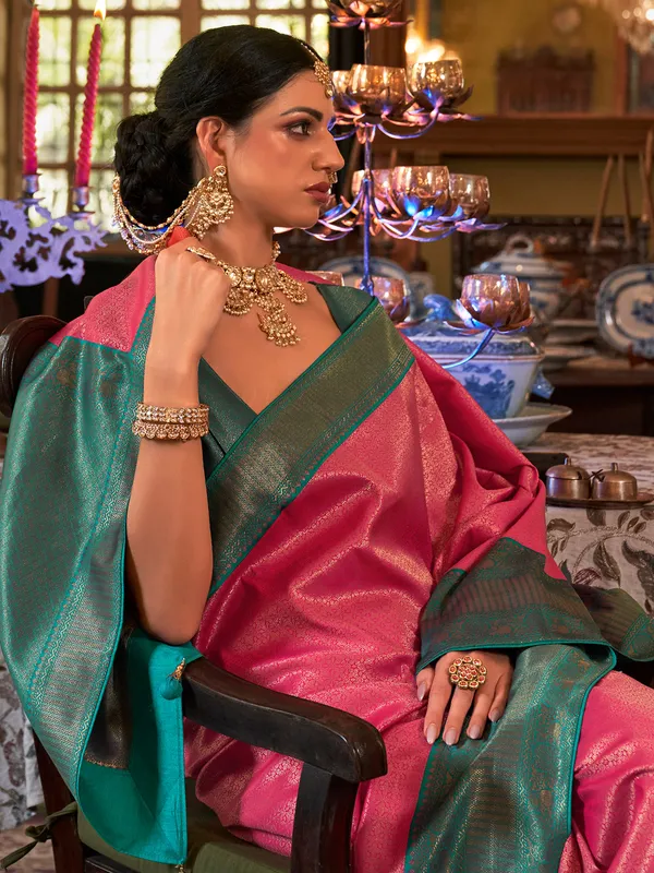Pink zari weaving saree in silk
