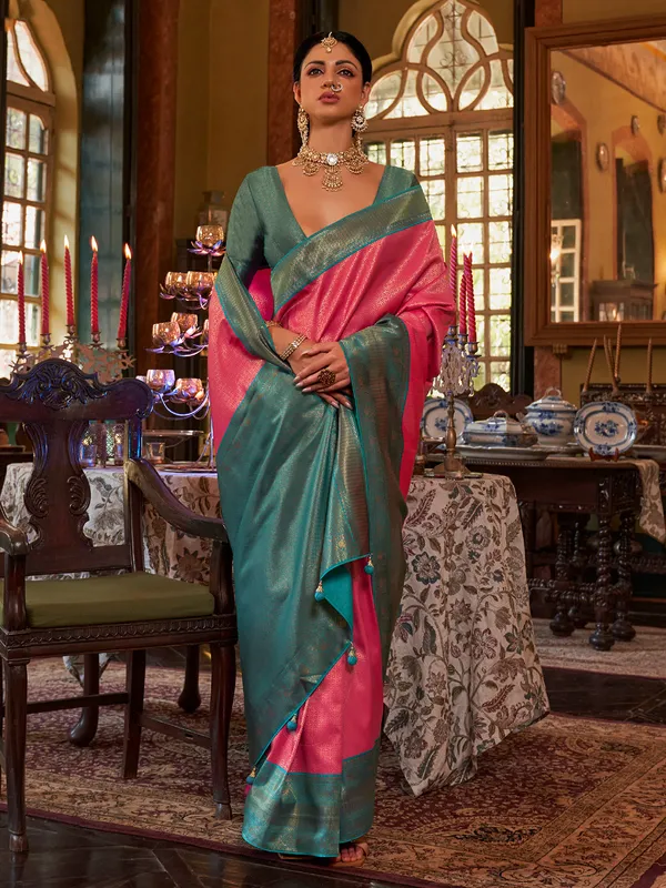 Pink zari weaving saree in silk