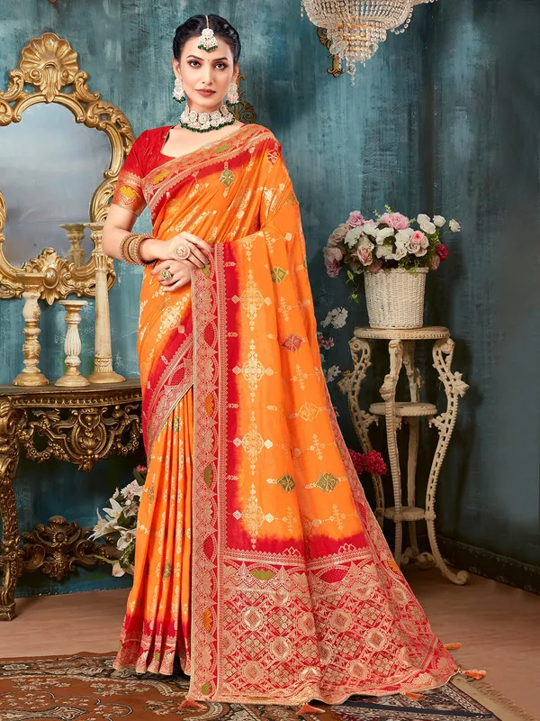 Silk zari weaving saree in orange