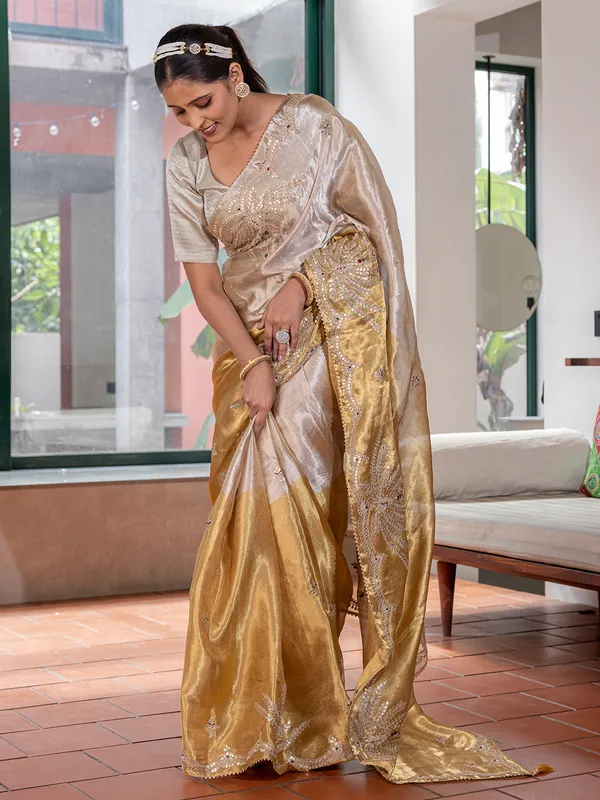 Silver and golden silk saree for wedding
