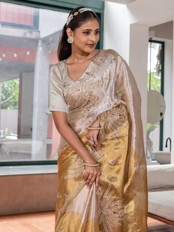 Silver and golden silk saree for wedding