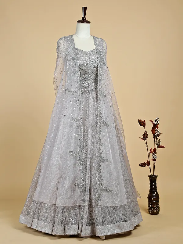 Silver net gown for bridal reception