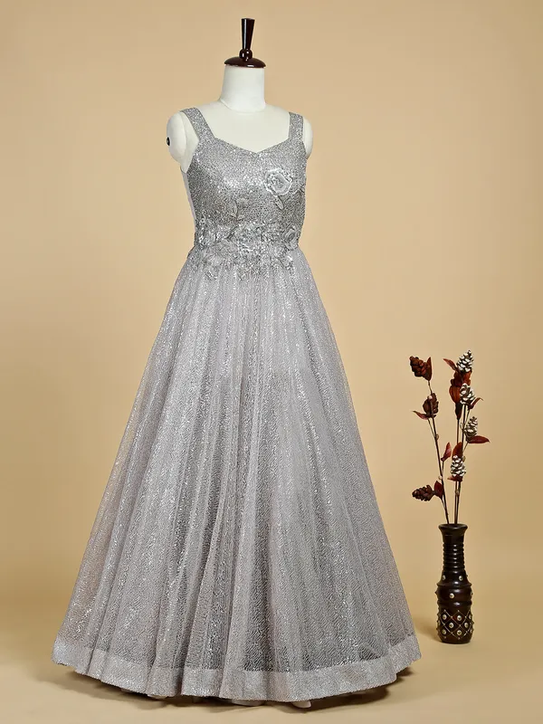 Silver net gown for bridal reception