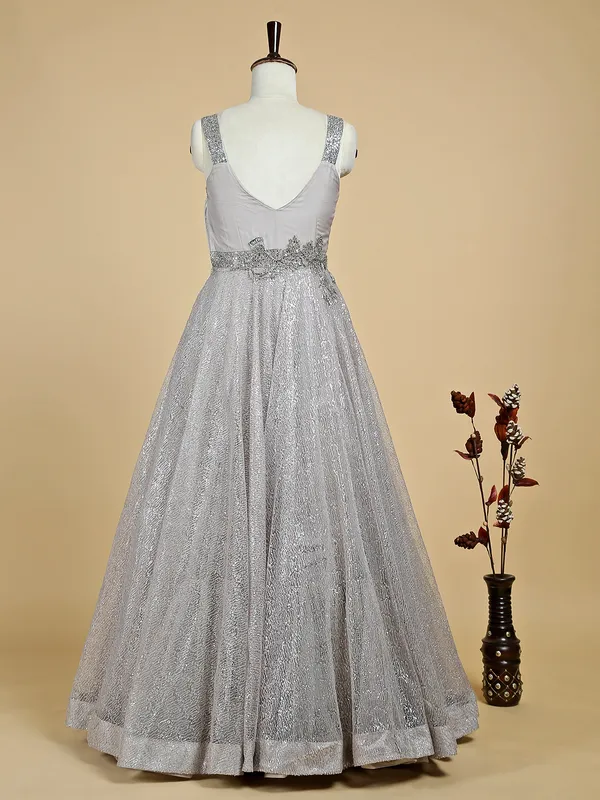 Silver net gown for bridal reception