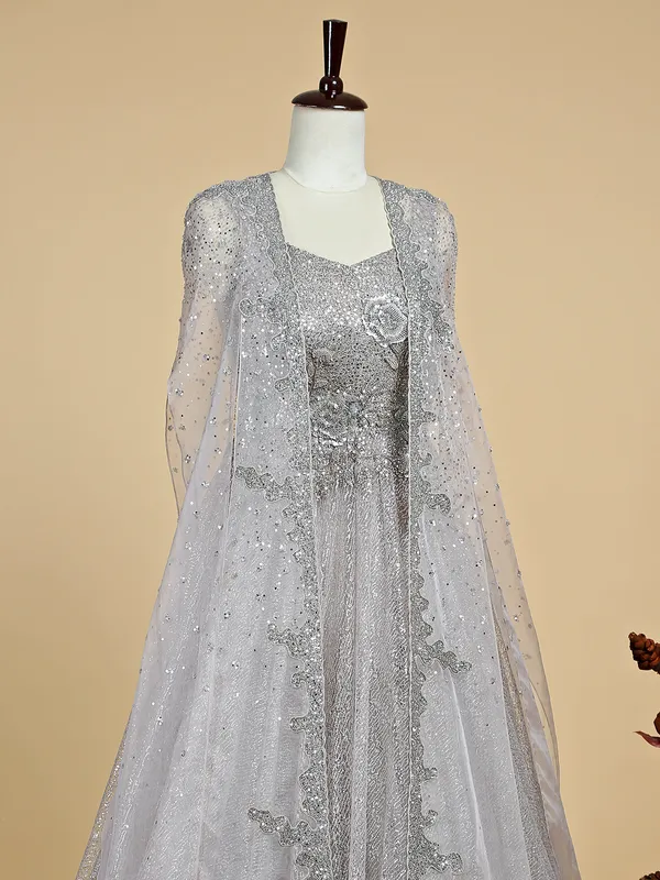 Silver net gown for bridal reception