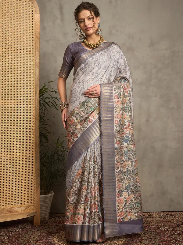 Silver printed bhagalpuri silk festive saree