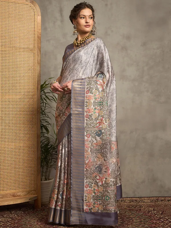 Silver printed bhagalpuri silk festive saree