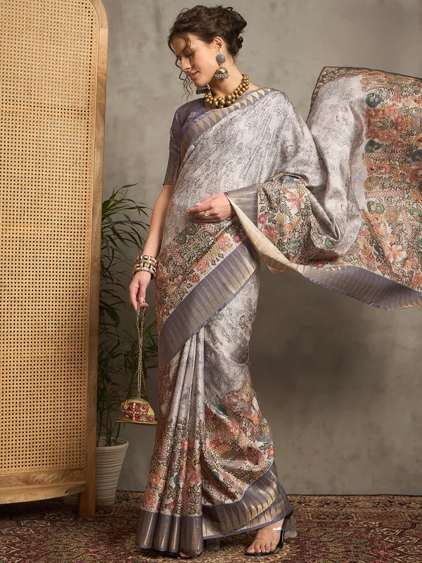 Silver printed bhagalpuri silk festive saree
