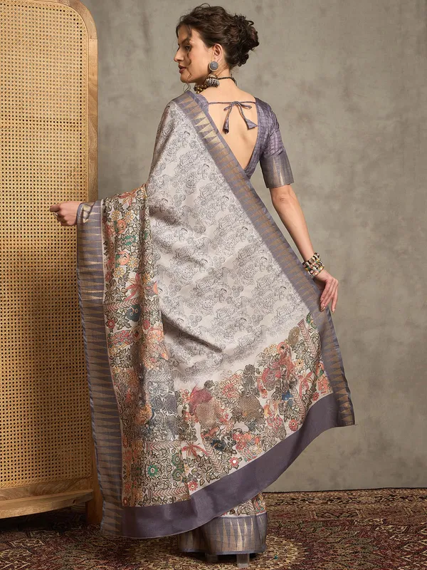 Silver printed bhagalpuri silk festive saree