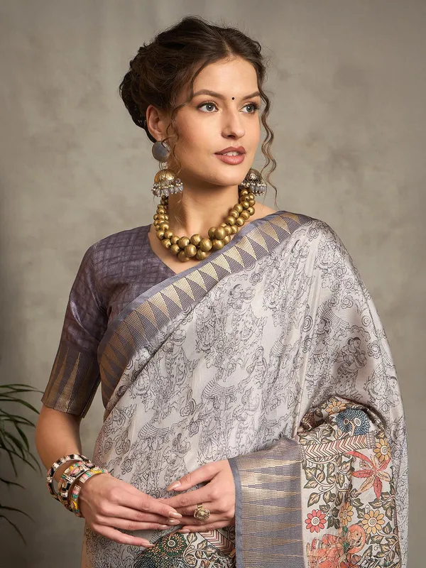 Silver printed bhagalpuri silk festive saree