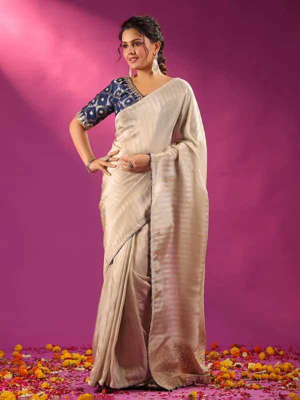 Silver silk festive ready saree with blue blouse