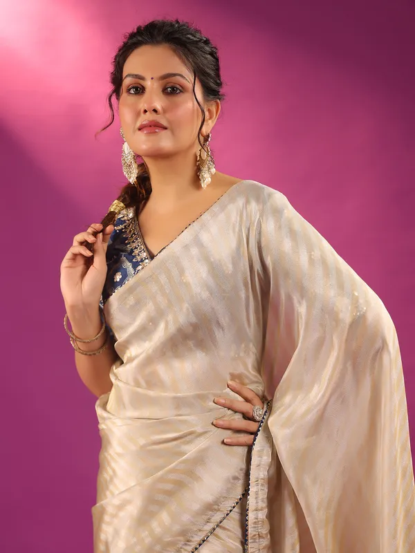 Silver silk festive ready saree with blue blouse