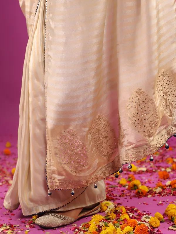 Silver silk festive ready saree with blue blouse