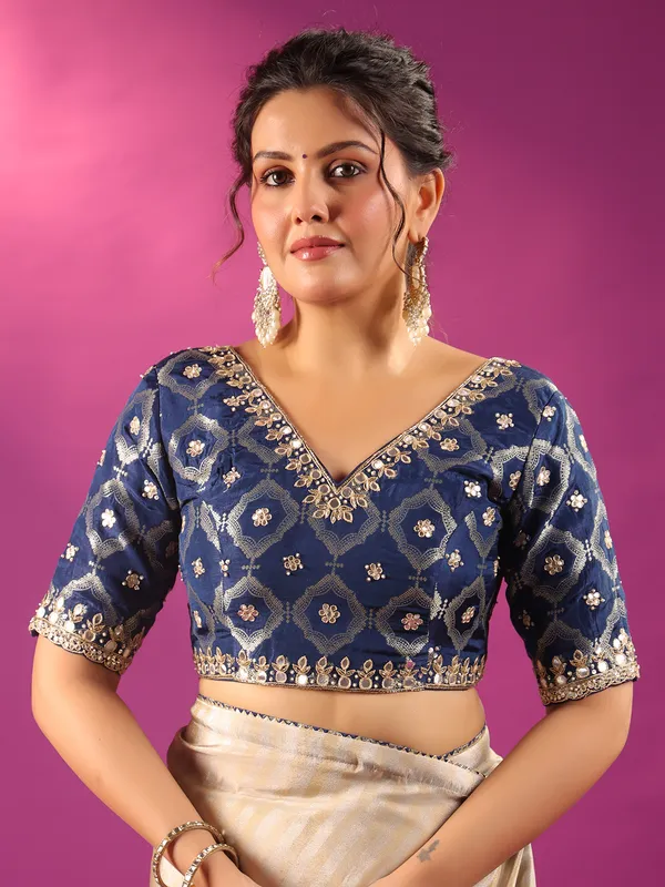 Silver silk festive ready saree with blue blouse