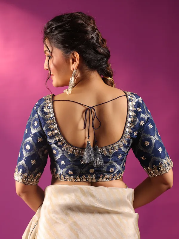 Silver silk festive ready saree with blue blouse