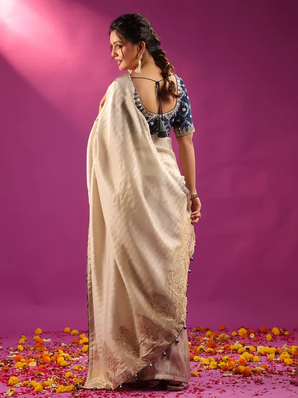 Silver silk festive ready saree with blue blouse