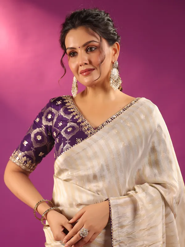 Silver silk festive ready saree with purple blouse