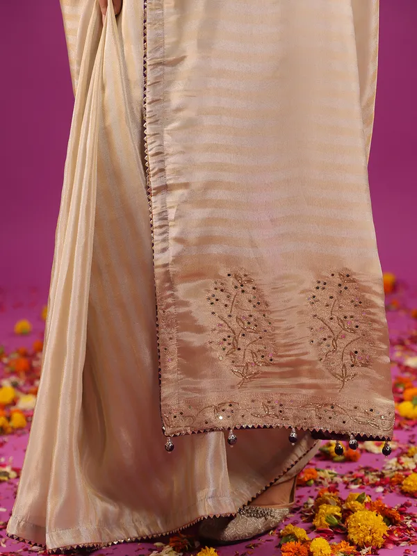 Silver silk festive ready saree with purple blouse