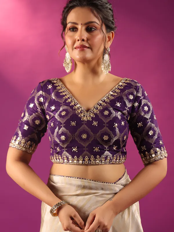 Silver silk festive ready saree with purple blouse