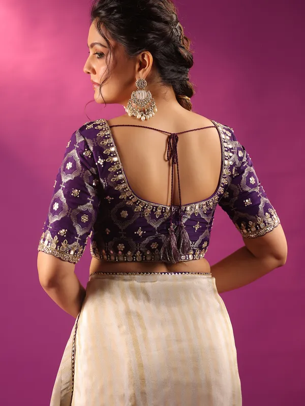 Silver silk festive ready saree with purple blouse