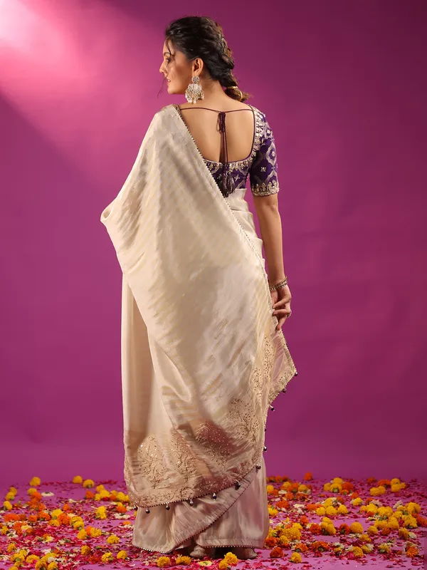 Silver silk festive ready saree with purple blouse