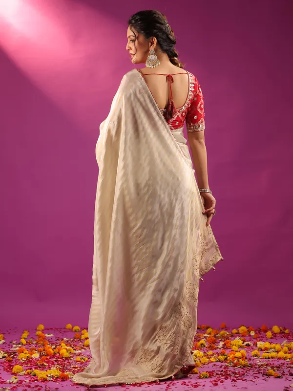 Silver silk festive ready saree with red blouse