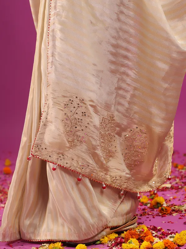 Silver silk festive ready saree with red blouse