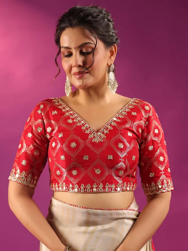 Silver silk festive ready saree with red blouse
