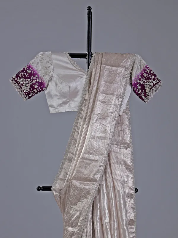 Silver silk saree with cutdana worked border