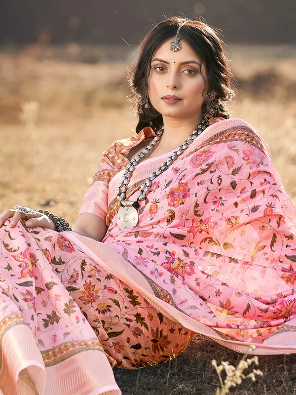 Simple baby pink cotton printed saree