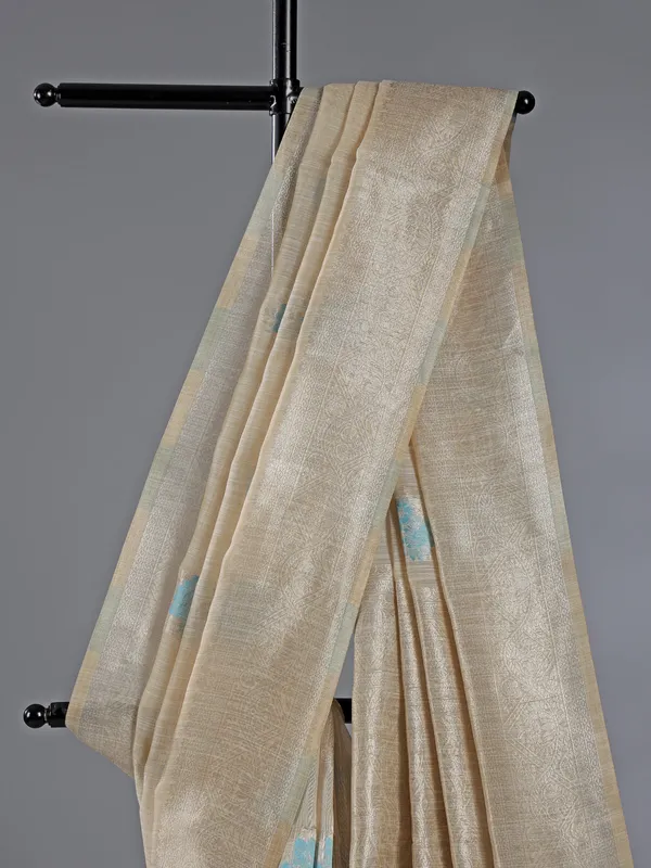 Sky blue and beige cotton silk saree for festive wear