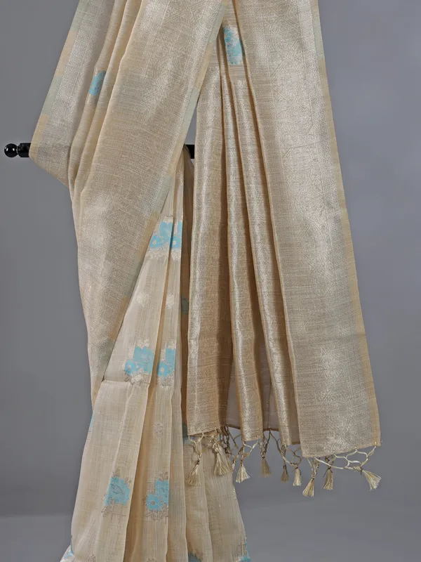 Sky blue and beige cotton silk saree for festive wear